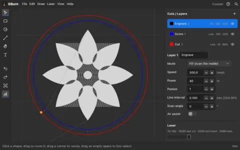 GBurn：カット、罫書き、彫刻。LightBurn感覚で使えます。